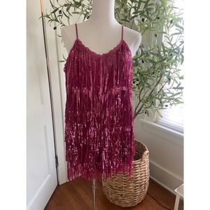 12th Tribe Pink Sequin Fringe Romper Magenta Festival Party Small